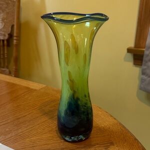 Kerry Crafted Glass Hand Blown Swirl Vase Blue Green Yellow Ireland 9.75” tall